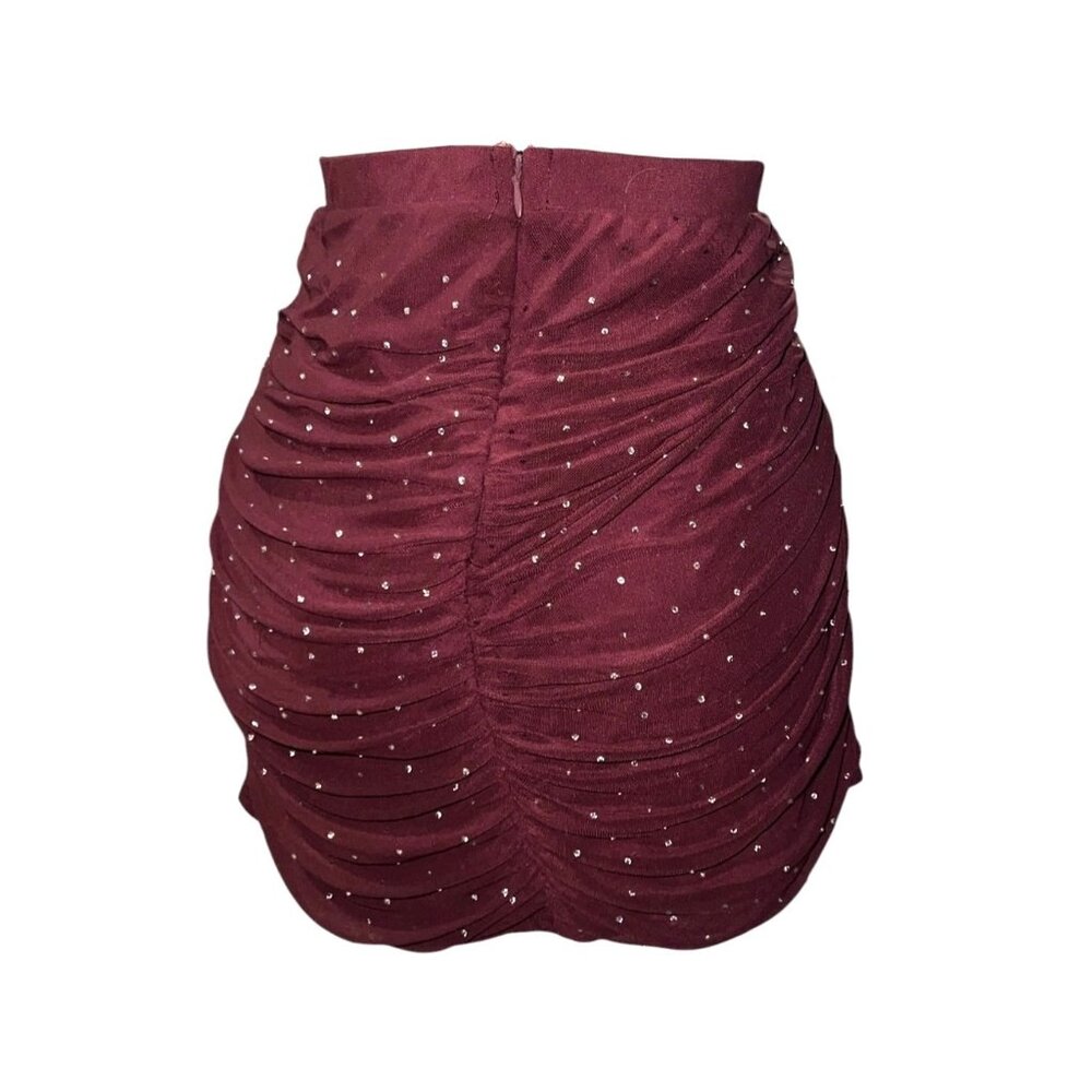 J for Justify Womens Burgundy Ruched Mini Skirt W/ Rhinestones 2X Burgundy